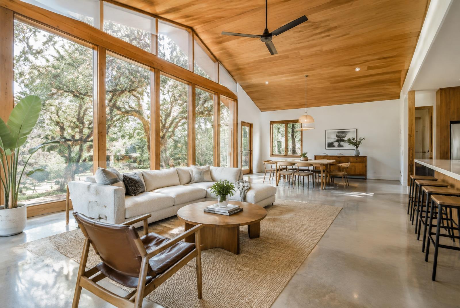 Modern rental home interior with oak trees — East Austin property manager Driven